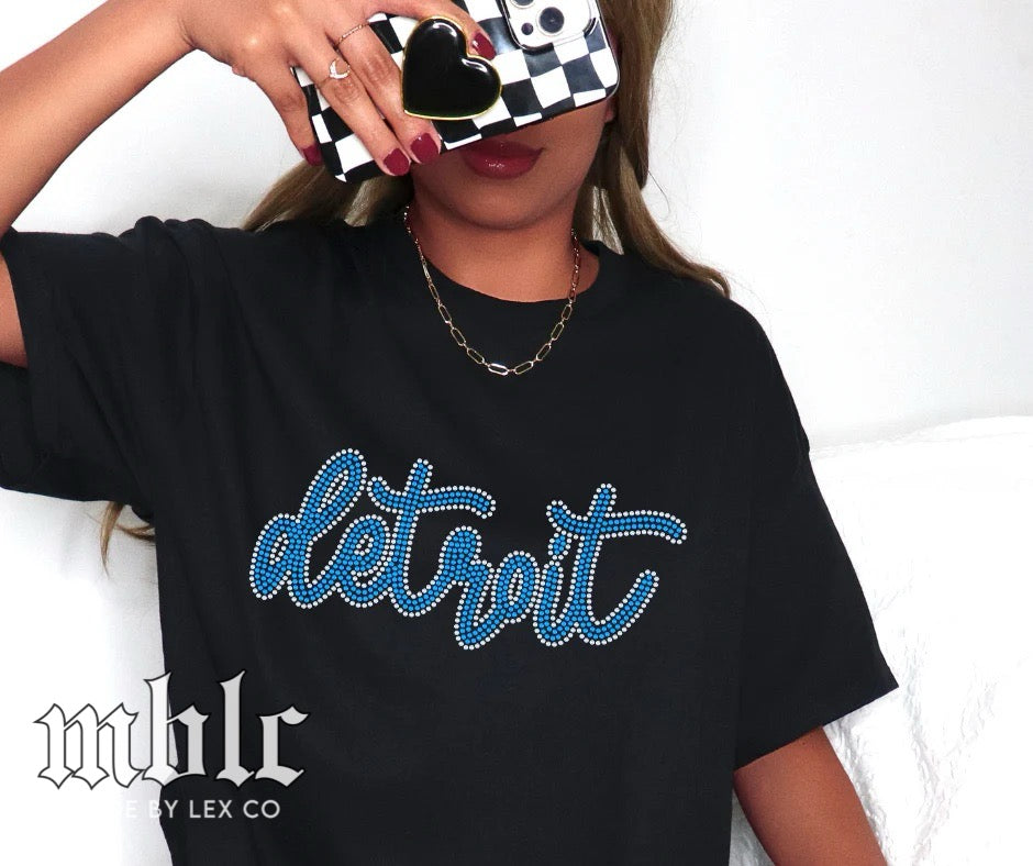 Detroit Cursive RHINESTONE Shirt - Real Rhinestones