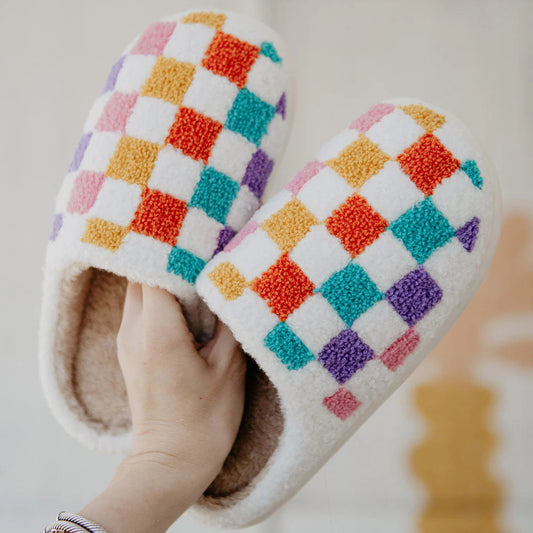 Multicolored Checkered Sherpa Slippers - RTS